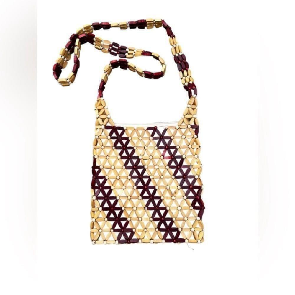 Vintage Boho Floral Wooden Bead Crossbody Purse